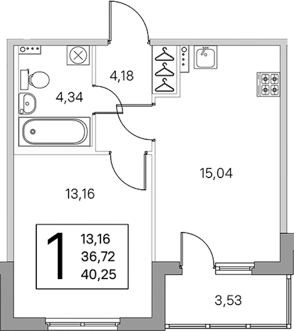 1-комнатная квартира 38.49 м², 1/4 эт., ЖК «Любоград в Стрельне»